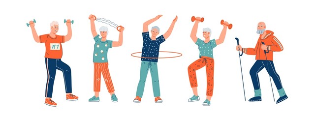 Elderly senior people group exercise. Old men and women doing sport workout. Physical  activity and health care for elderly senior people, flat cartoon vector illustration isolated.