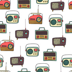 Seamless Pattern With Hand Drawn Vintage Radio. Vector Print on White Background. Trendy Illustration.