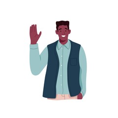 Poster - Happy black man gesturing hi with waving hand, greeting and welcoming smb. Portrait of young smiling friendly person saying hello. Flat vector illustration isolated on white background