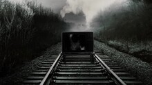 Witchcraft TV Railroad Tracks Spooky Scene. Abandoned TV On A Spooky Railroad Tracks In The Woods Shows A Scary Scene. Zoom In