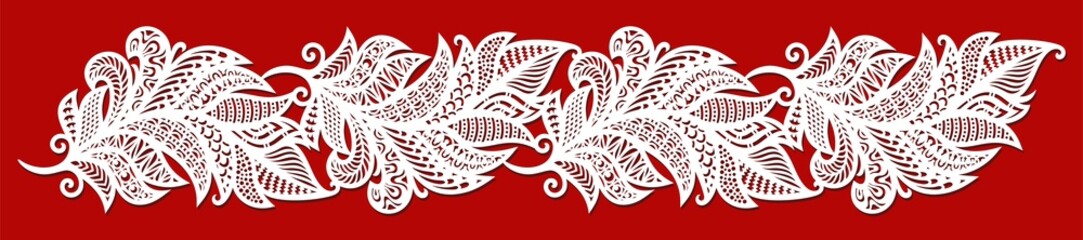 Wall Mural - Feather border. Wide horizontal pattern with decorative stylized leaves, openwork ethnic ornament, curls, folk motives. Template for plotter laser cutting of paper, metal engraving, wood carving, cnc.