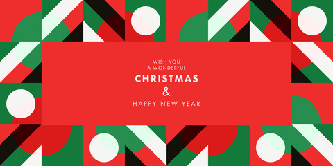Aufkleber - Christmas greeting card, banner, poster, holiday cover. Modern geometric Xmas design with stylized Christmas Tree pattern made of geometric shapes in red, green, black and white colors.