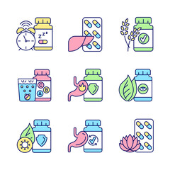 Sticker - Food supplements RGB color icons set. Dietary products for health. Digestive medicine. Vitamins to supplement diet. Isolated vector illustrations. Simple filled line drawings collection