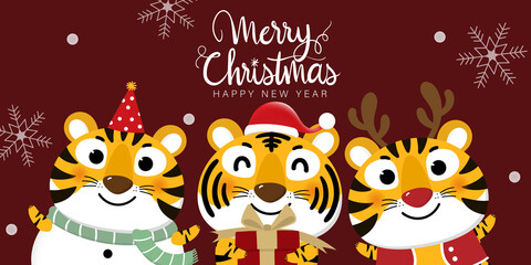 Wall Mural - Merry Christmas and happy new year 2022. The year of tiger. Cute animal wear red winter costume