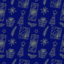 Vector Seamless Pattern With Gift Boxes, Snowflakes, Christmas Tree, Fir Branches, Mistletoe And Stars On A Blue Background. Line Art. New Year Vector Decoration. 