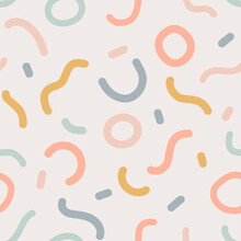 Naive Seamless Boho Pattern With Crazy Colorful Doodle Lines Of Natural Tones On A Light Background. Creative Minimalistic Trendy Background Design For Kids. Simple Childish Scribble Backdrop.