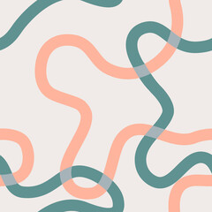 Naive seamless boho pattern with bright green and orange wavy lines on a light background. Creative contemporary minimalistic trendy boho background design for kids. Scandinavian nursery print