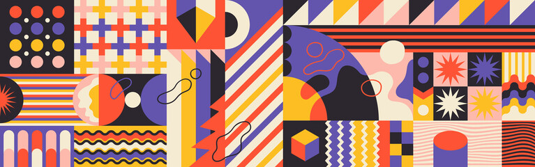 Poster - abstract geometric pattern design in retro style with various colorful shapes. vector illustration.