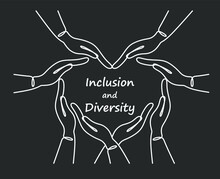 Inclusion and diversity concept. Multiracial hands form a heart. Inclusive illustration for web, print, t-shirt, textiles, background, postcard. One line abstract illustration