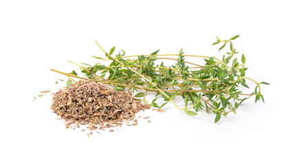 Wall Mural - Dried thyme leaves on white background