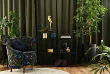 Creative Composition Of Living Room Interior Design With Designed Armchair, Black Geometric Console, Plants And Golden Accessoriers. Urban Jungle Concpet. Template..