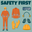 Work safety equipment. engineer wearing helmet, gloves, protective glasses, clothing and boots. Vector infographic