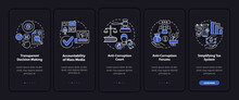 Anti Corruption Measures Onboarding Mobile App Page Screen. Transparency Walkthrough 5 Steps Graphic Instructions With Concepts. UI, UX, GUI Vector Template With Linear Night Mode Illustrations