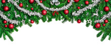 Wide Arch Shaped Christmas Border Isolated On White, Composed Of Fresh Fir Branches And Ornaments In Red And Silver