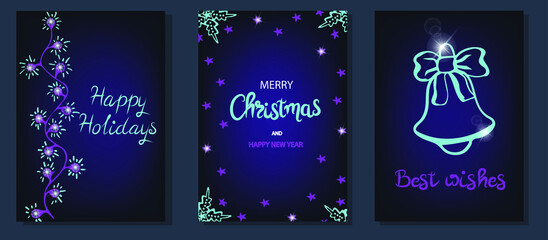 Poster - Set of christmas greeting card with hand lettering. Merry Christmas holiday invitations templates. Vector illustration.