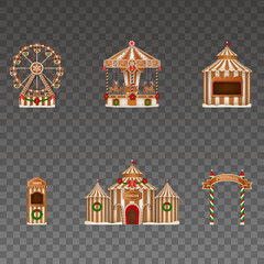 Wall Mural - Christmas gingerbread funfair with isolated ferris wheel, carousel, stall, signboard, circus and tickets booth