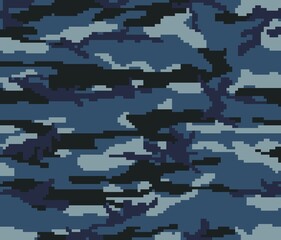 Blue pixel camouflage pattern, dark background, digital texture, seamless camouflage pattern