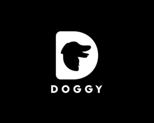 Aufkleber - Abstract, black and white unique and handmade idea dog logo design with concept of letter uppercase d icon and pet symbol vector.