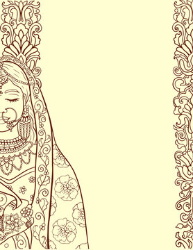 Indian bride wedding invitation template in mehndi desin style, vector