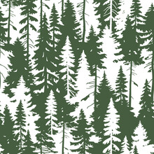 Seamless Vector Pattern With Pine Tree Silhouettes. Perfect For Textile, Wallpaper Or Print Design. 