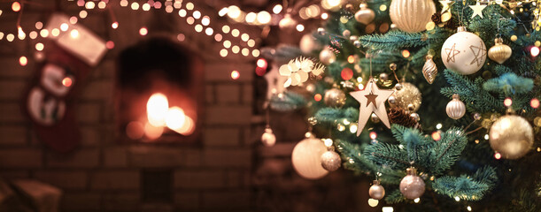 Wall Mural - christmas tree with decorations and stars