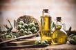 Leinwandbild Motiv Olive oil with fresh olives on rustic wood
