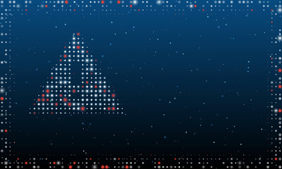 Poster - On the left is the warning symbol filled with white dots. Pointillism style. Abstract futuristic frame of dots and circles. Some dots is red. Vector illustration on blue background with stars