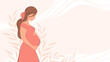 Banner about pregnancy and motherhood with place for text. Pregnant woman, future mom of hugging belly with arms. Happy Mother's Day. Flat vector illustration.