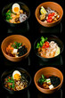 Remote delivery Asian cuisine: wok noodles with beef, miso soup, fried pork, vegetables, broth, boiled shrimp, pickled mushrooms, salmon, hot pepper