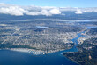 Aerial View of the waterfront just north of Downtown Seattle showing Shilshole bay and Lake Washington Ship Canal.
