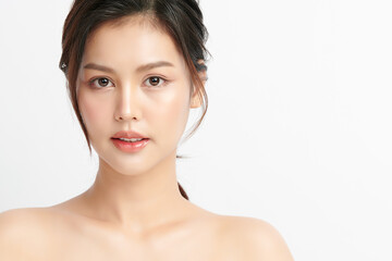 beautiful young asian woman with clean fresh skin on white background, face care, facial treatment, 