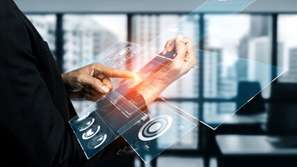Poster - Business intelligence technology and big data analytic mixed media showing concept of futuristic information report using computer software to analyze strategic investment advice for decision making .