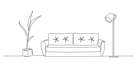 Poster - Continuous one line drawing of sofa and lamp and potted plant. Scandinavian stylish furniture in simple Linear style. Doodle vector illustration