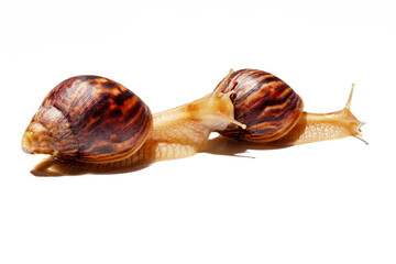 Wall Mural - Giant African snail Achatina on white background. Two achatina snail baby close up macro. Tropical snail Achatina fulica with shell.