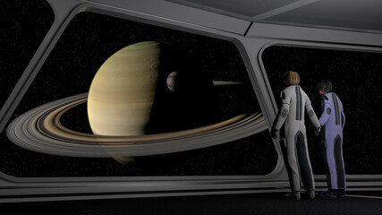 Wall Mural - the image of astronauts on the background of Saturn 3D illustration