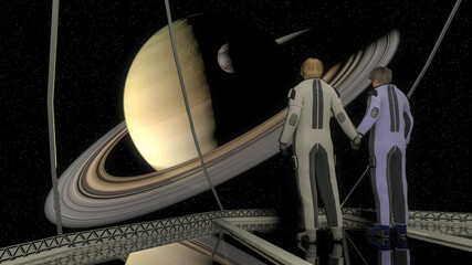 Wall Mural - the image of astronauts on the background of Saturn 3D illustration