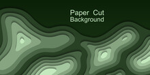 Paper Cut Topography Background. Green Area Relief Map With Hills And Mountain, Or Islands In Ocean. Origami 3d Multi Layers. Modern Trandy Paper Design For Banner. Vector Illustration