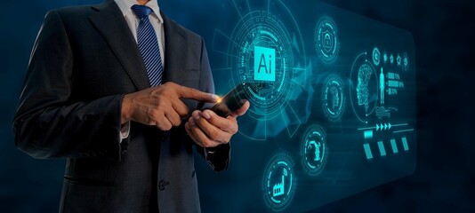 Internet of Things IoT concept Smartphones are being used by businessmen to demonstrate how AI systems work in the processing of future ideas.