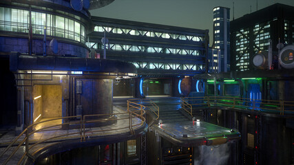 Aufkleber - Photo realistic 3D rendering of a dark moody night scene in a futuristic urban environment.