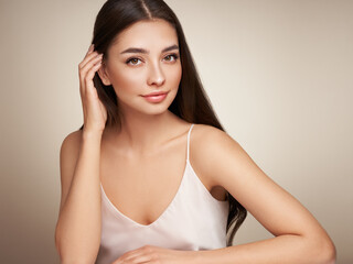 portrait beautiful young woman with clean fresh skin. model with healthy skin, close up portrait. co