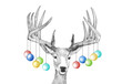 Hand drawn Christmas deer with hanging Christmas ornaments on big buck antlers, fun Christmas card or animal holiday sketch