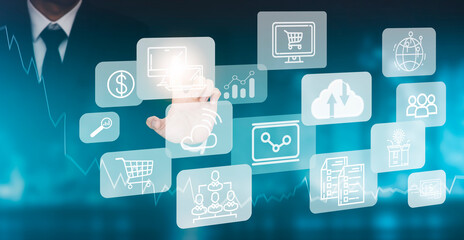Poster - Businessman touchscreen on the graph Screen Icon of a media screen, Technology Process System Business with Communication and marketing concept, Team success, HR Human, Business success