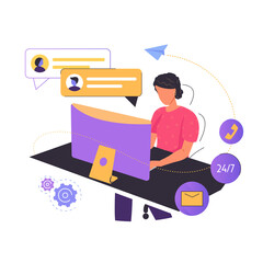 Fototapete - Customer service. Woman with headphones and microphone with laptop. Concept illustration for support, assistance, call center. Vector illustration. Virtual technical support service hotline operator 
