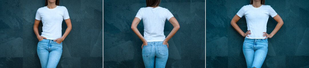 White t-shirt mockup for print design. Young stylish woman dressed in blank white t-shirt and blue jeans on the grey background. Front and back view