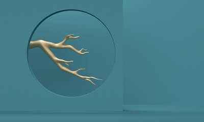 Poster - Room with a round window and a golden branch. 3d rendering