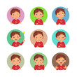 Little boy facial expressions set. Vector of various hands postures with different emotions such as winking, smiling, thinking, got idea, bored, sad, worried, shocked, angry.