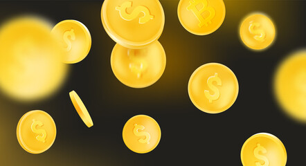 Poster - Golden coins falling down vector illustration with blur effect