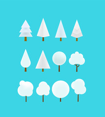 Aufkleber - Winter snowy trees vector clipart. Cartoon style 3d illustration. Plasticine effect