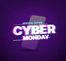 Poster - Cyber monday banner with modern smartphone. Glitch effect