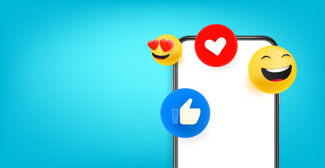 Poster - Social media reactions on smartphone with blank screen. Banner with mock-up